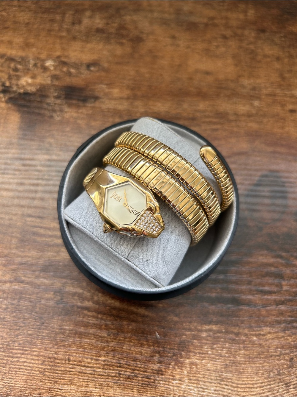 JUST CAVALLI Gold Snake Coil Bracelet Wrist Watch with Crystal Accent